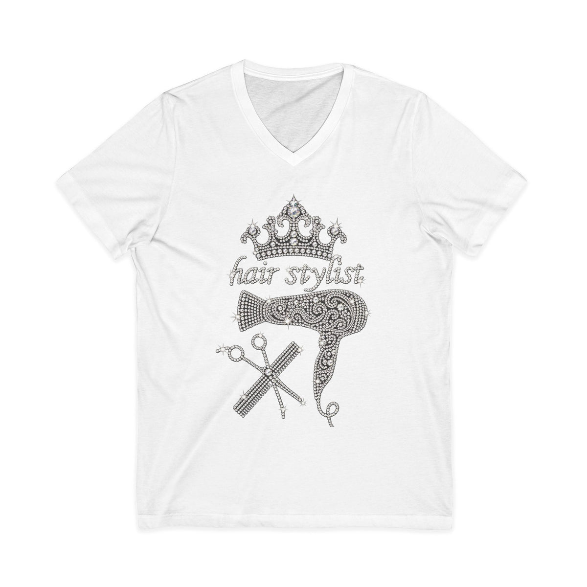 Rhinestone Hair Stylist V-Neck Tee — Crown & Tools Salon T-Shirt