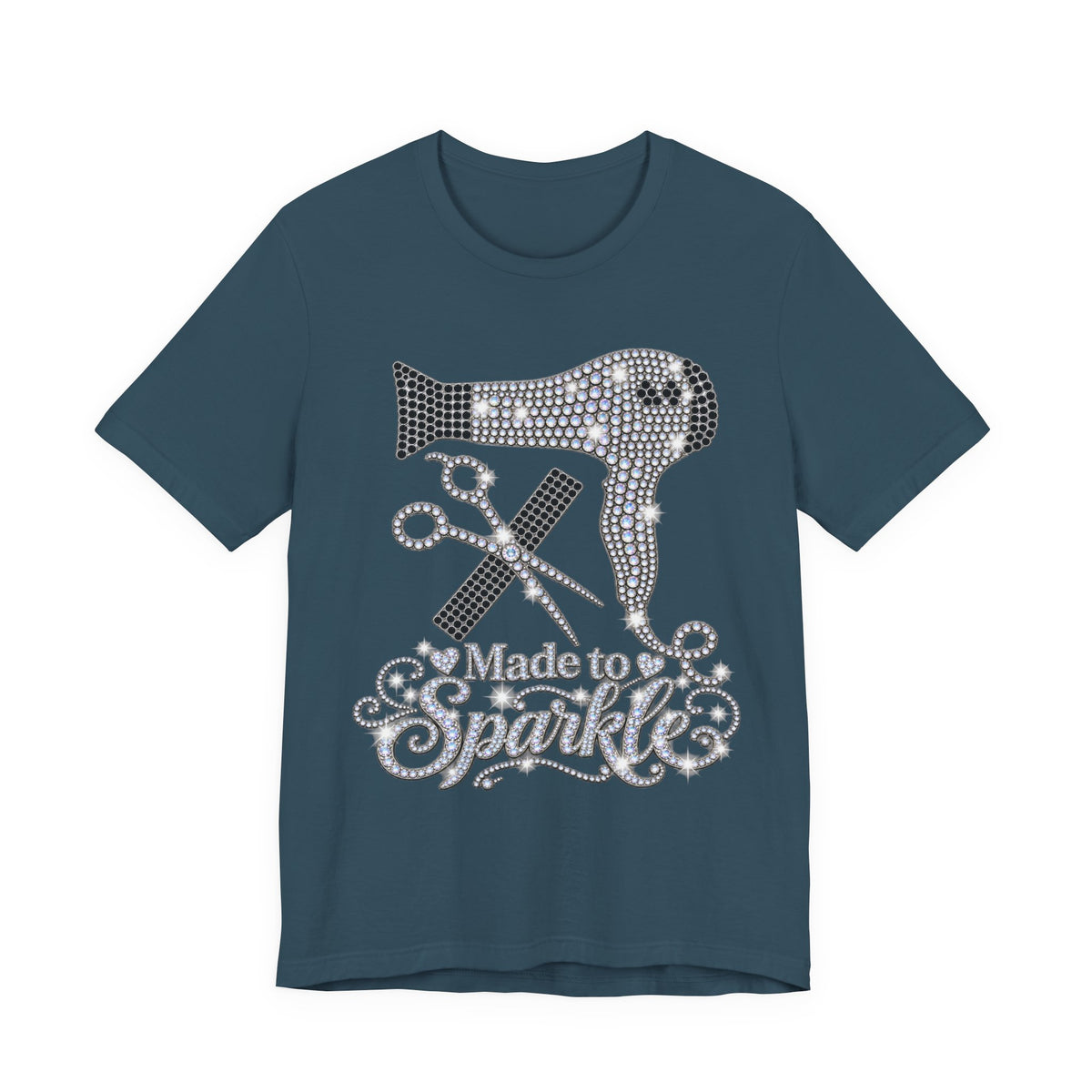 "Made to Sparkle" Hair Stylist T‑Shirt — Rhinestone Blow Dryer & Scissors Graphic