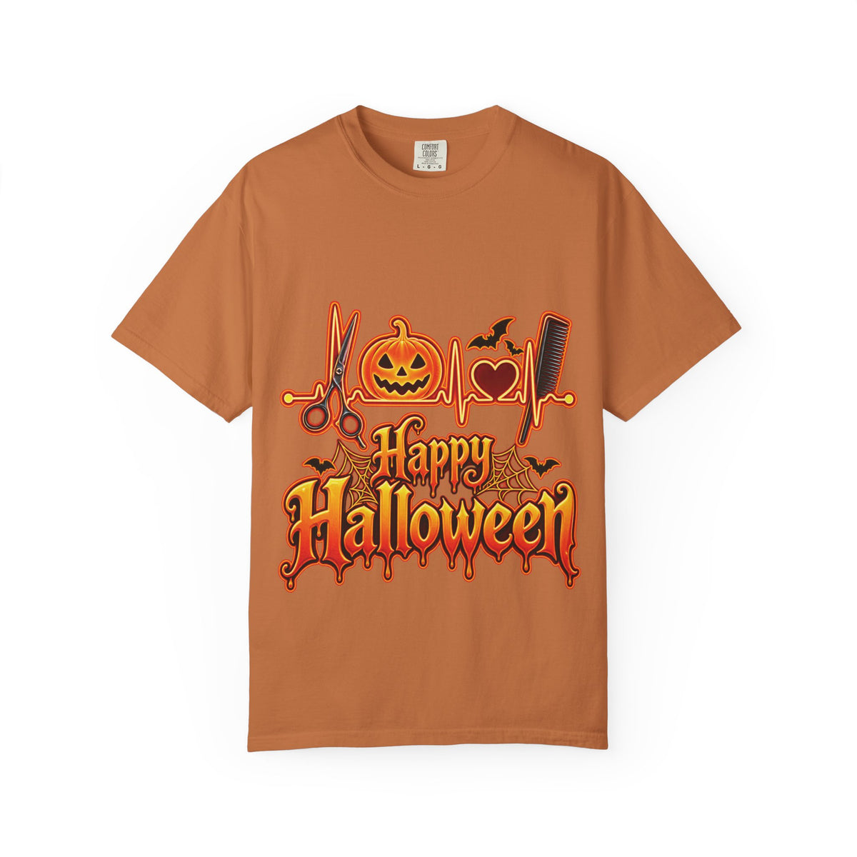 "Happy Halloween"— Pumpkin, Bats & Heartbeat with Salon Hair Tools T-Shirt