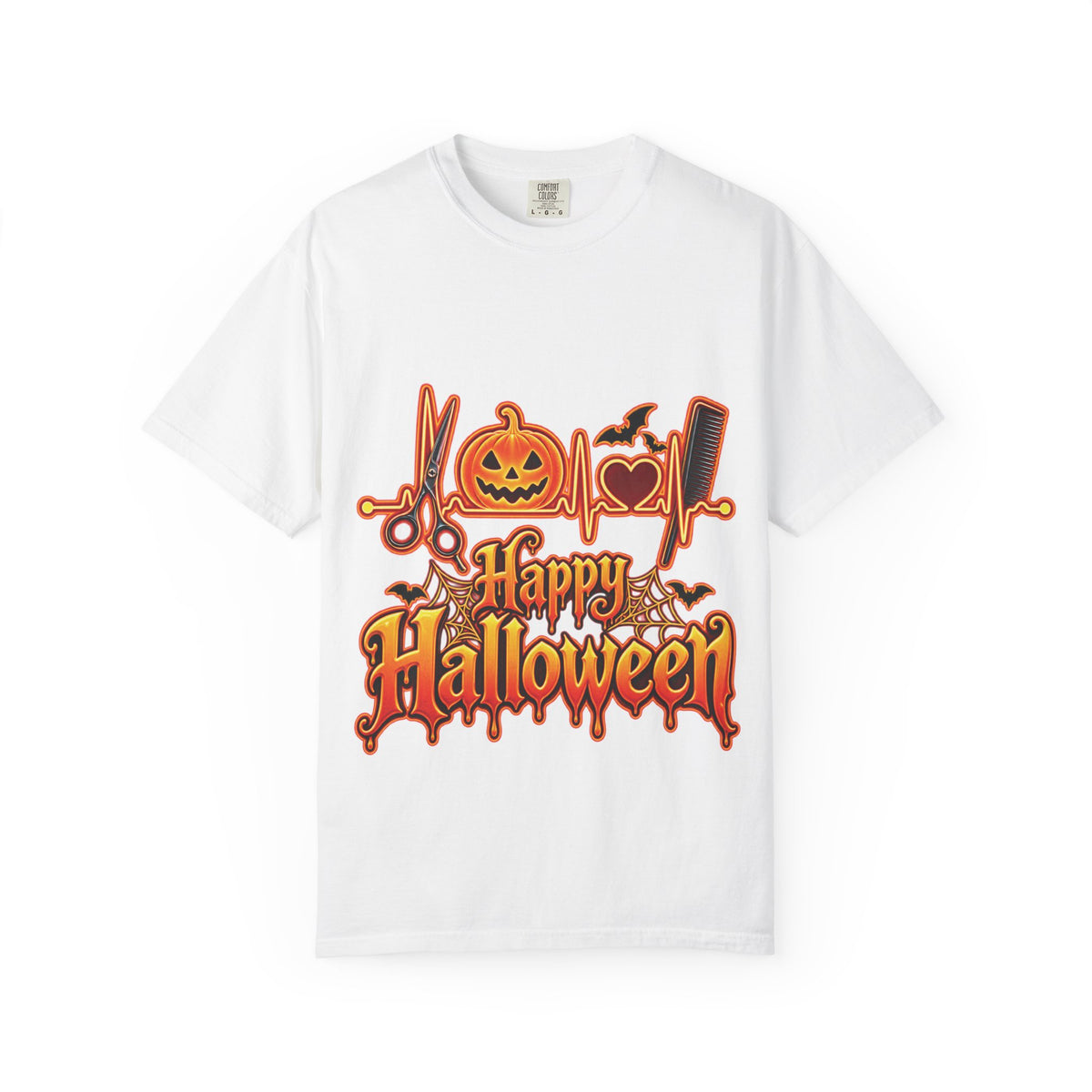 "Happy Halloween"— Pumpkin, Bats & Heartbeat with Salon Hair Tools T-Shirt