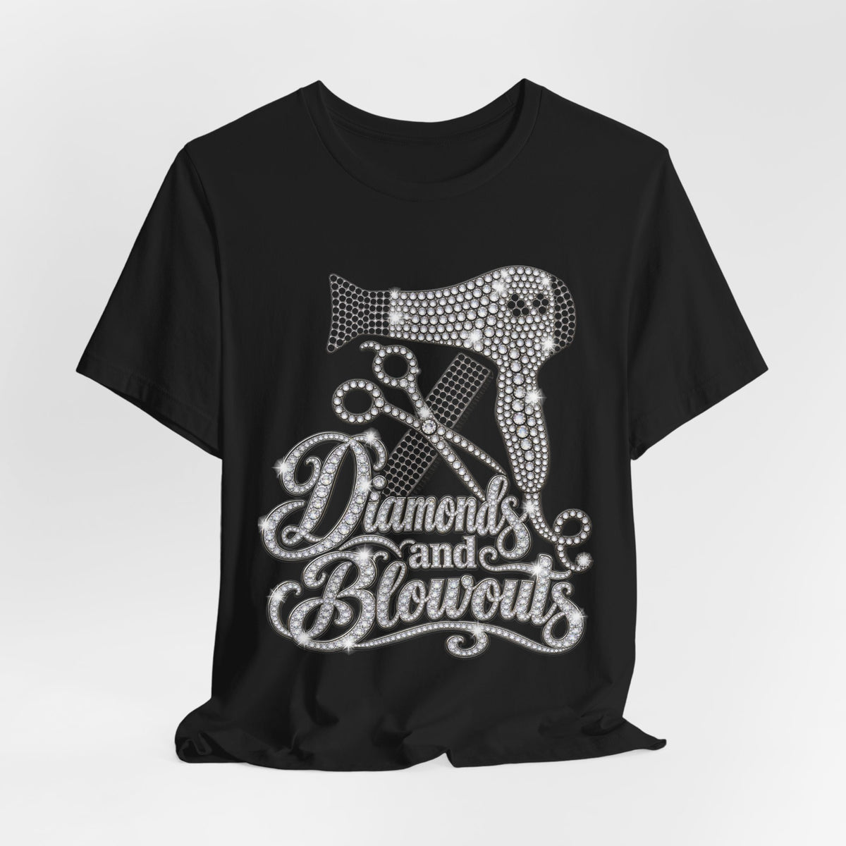 "Diamonds and Blowouts" Hairstylist Scissor & Hairdryer Rhinestone T-Shirt