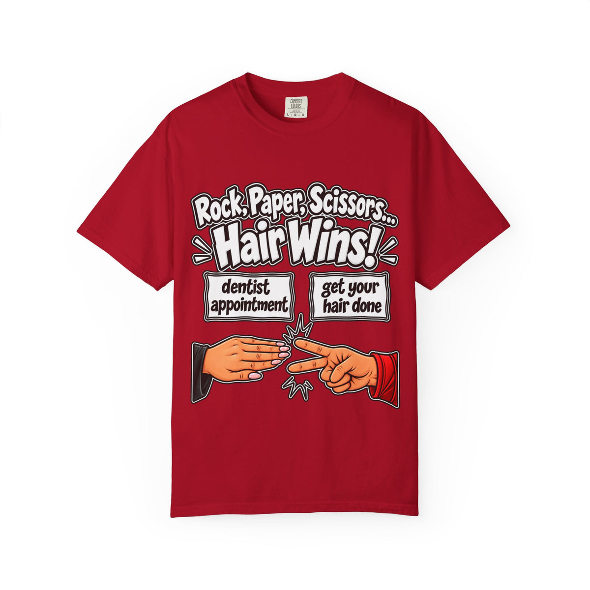 "Hair Wins!" T-Shirt" — Funny Hairstylist Rock, Paper, Scissors T-Shirt