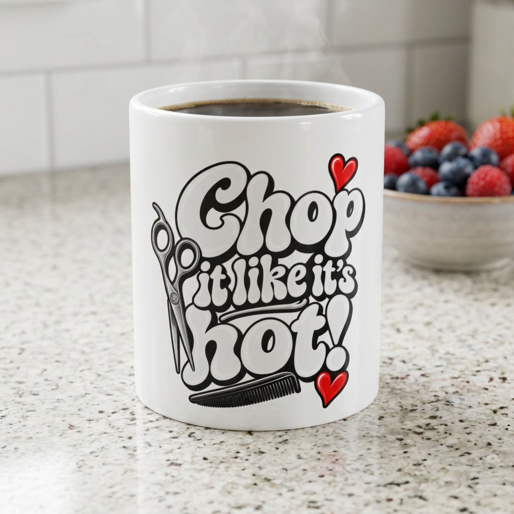 'Chop It Like It's Hot' Hairstylist Scissors and Comb Ceramic Mug — Funny Hairdresser Coffee Cup (11oz/15oz)