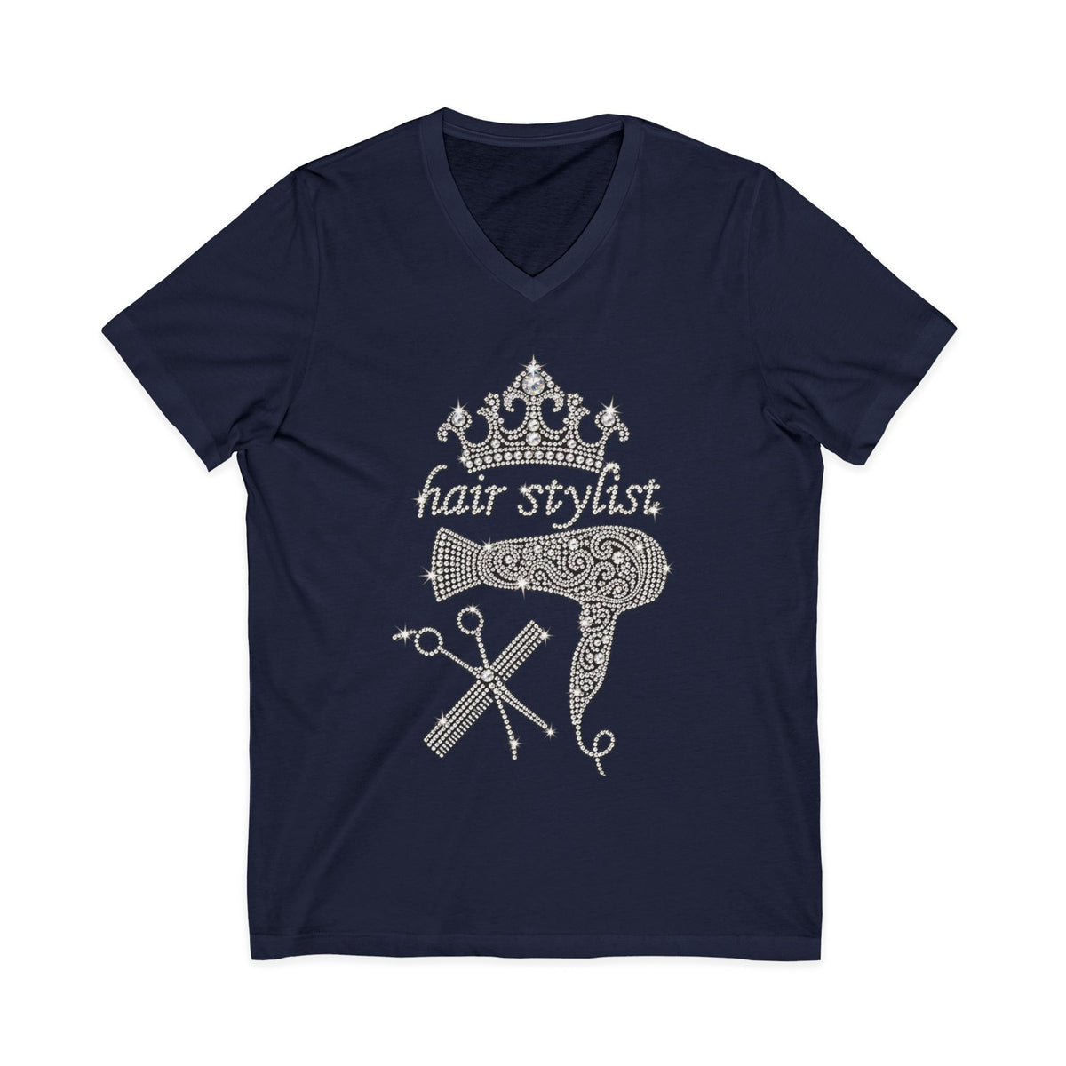 Rhinestone Hair Stylist V-Neck Tee — Crown & Tools Salon T-Shirt