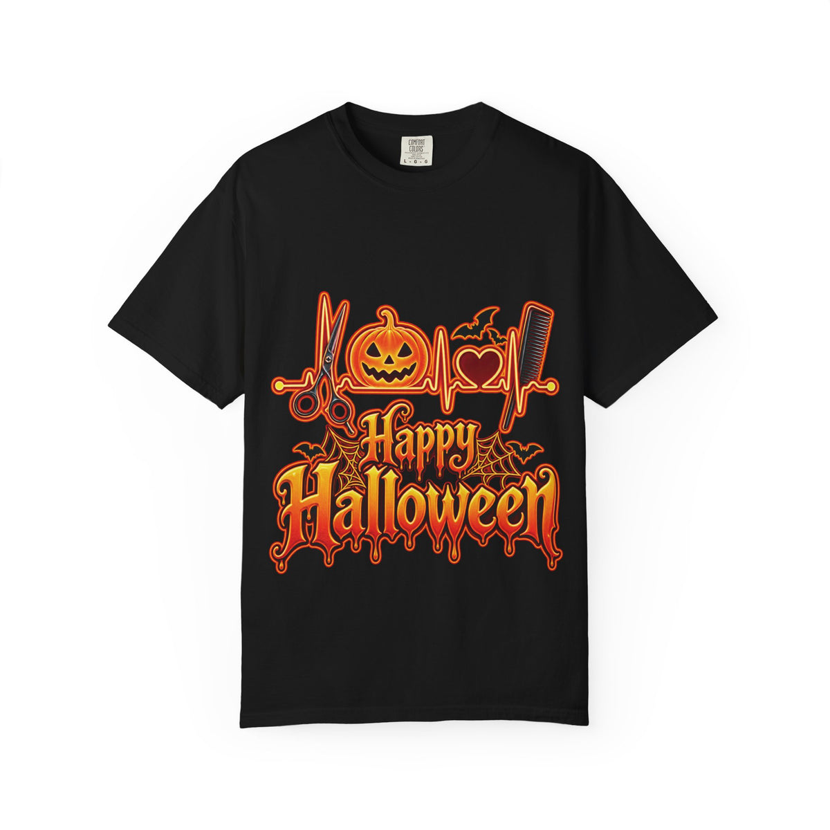 "Happy Halloween"— Pumpkin, Bats & Heartbeat with Salon Hair Tools T-Shirt