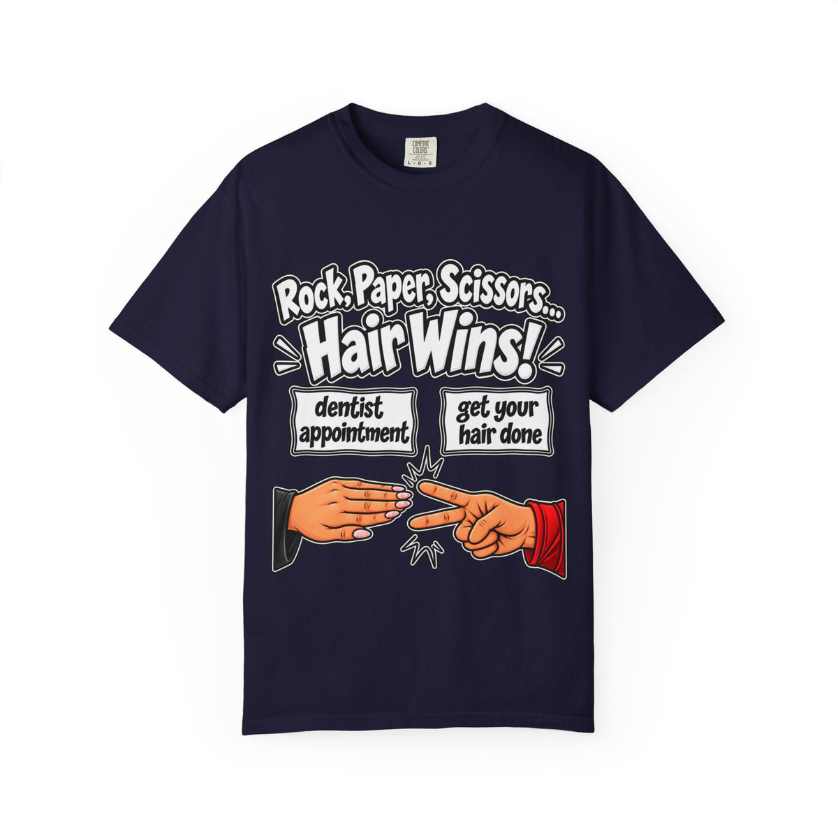 "Hair Wins!" T-Shirt" — Funny Hairstylist Rock, Paper, Scissors T-Shirt