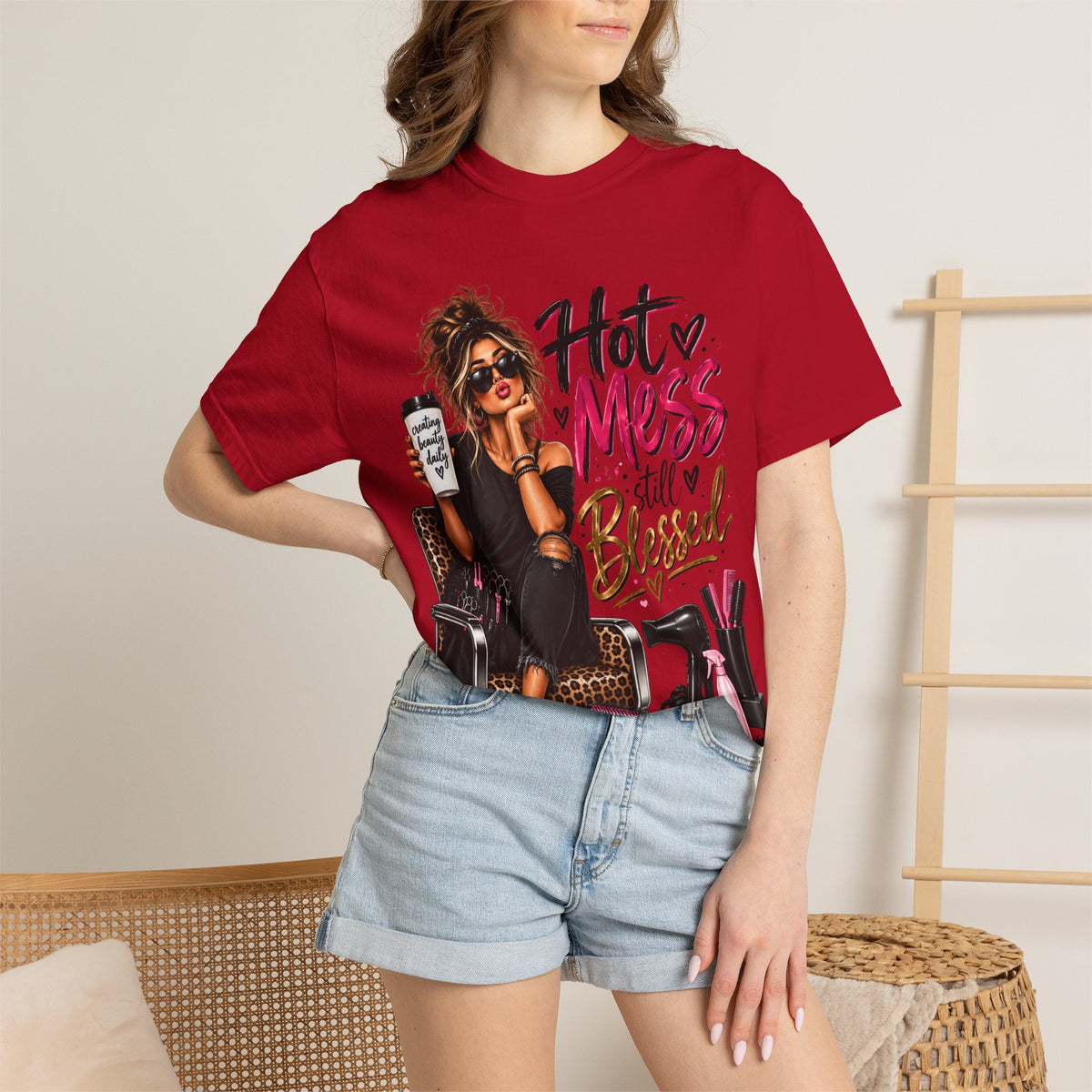 "Hot Mess Still Blessed" T-Shirt — Funny Glam Salon Graphic Tee for Women