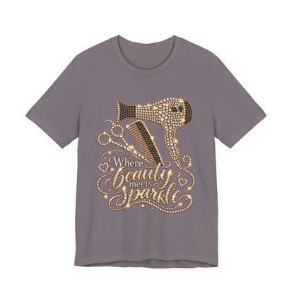 Beauty Stylist T‑Shirt — "Where Beauty Meets Sparkle" Hair Dryer & Scissors Tee