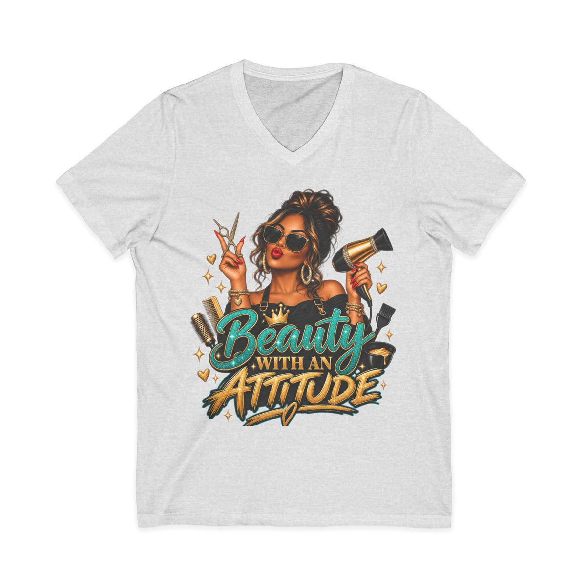"Beauty With an Attitude" V-Neck Hair Stylist T-Shirt