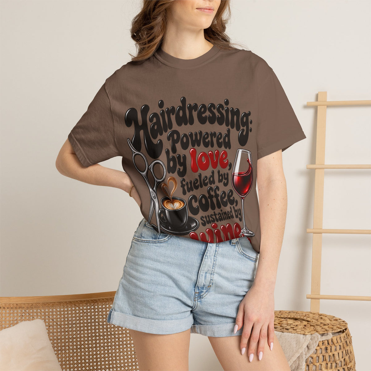 "Hairdressing Powered by Love, Fueled by Coffee, Sustained by Wine" Hairstylist T-Shirt