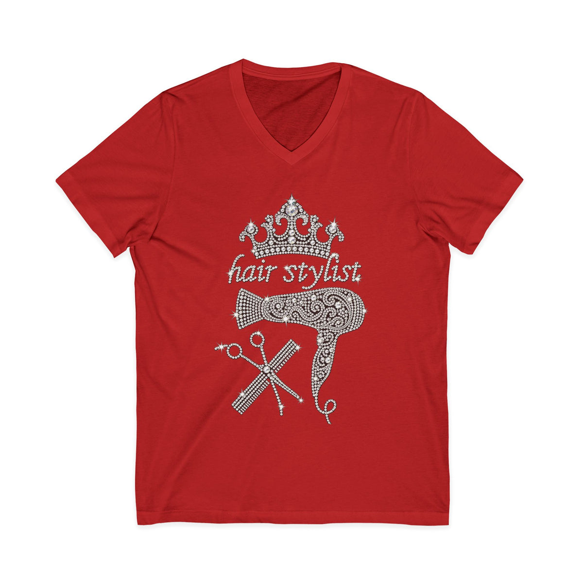 Rhinestone Hair Stylist V-Neck Tee — Crown & Tools Salon T-Shirt