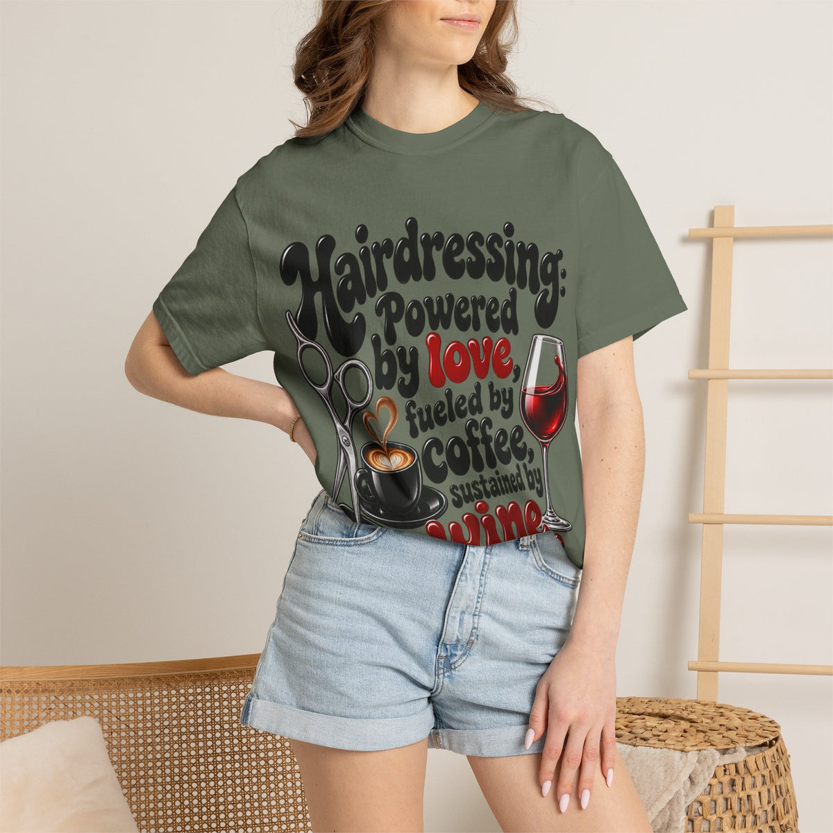 "Hairdressing Powered by Love, Fueled by Coffee, Sustained by Wine" Hairstylist T-Shirt