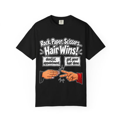 "Hair Wins!" T-Shirt" — Funny Hairstylist Rock, Paper, Scissors T-Shirt