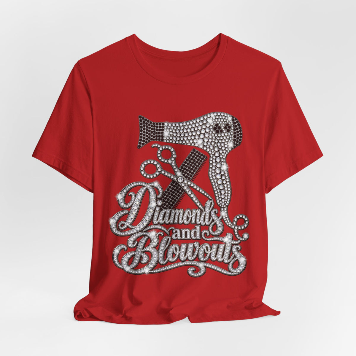 "Diamonds and Blowouts" Hairstylist Scissor & Hairdryer Rhinestone T-Shirt