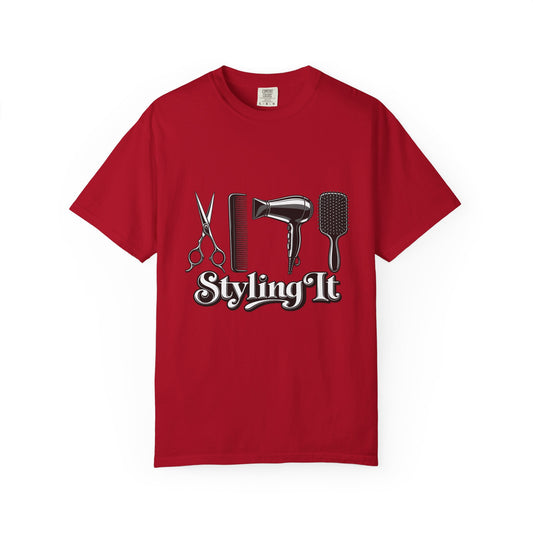 "Styling It" Hair Tools T-Shirt — Scissors, Comb & Dryer T-Shirt for Hairstylist