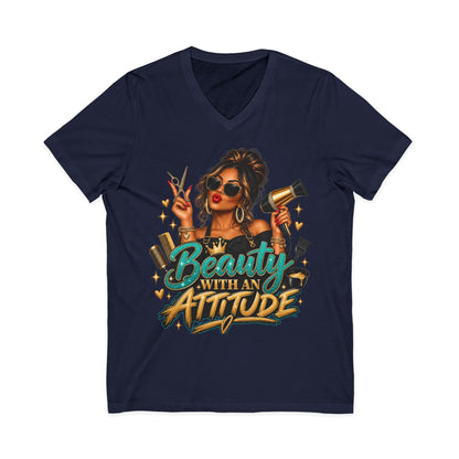 "Beauty With an Attitude" V-Neck Hair Stylist T-Shirt