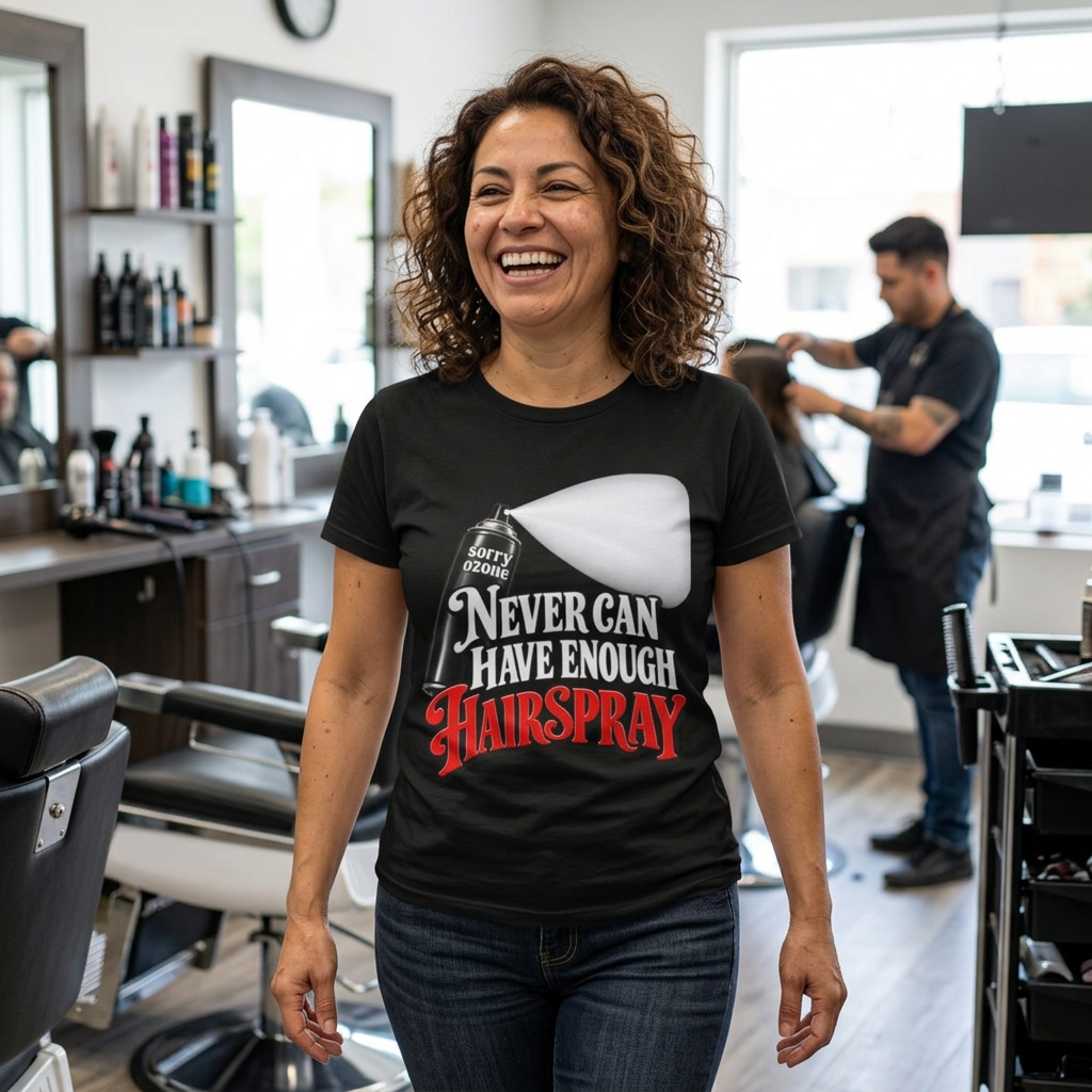 "Never Can Have Enough Hairspray" Retro Spray Can T‑Shirt