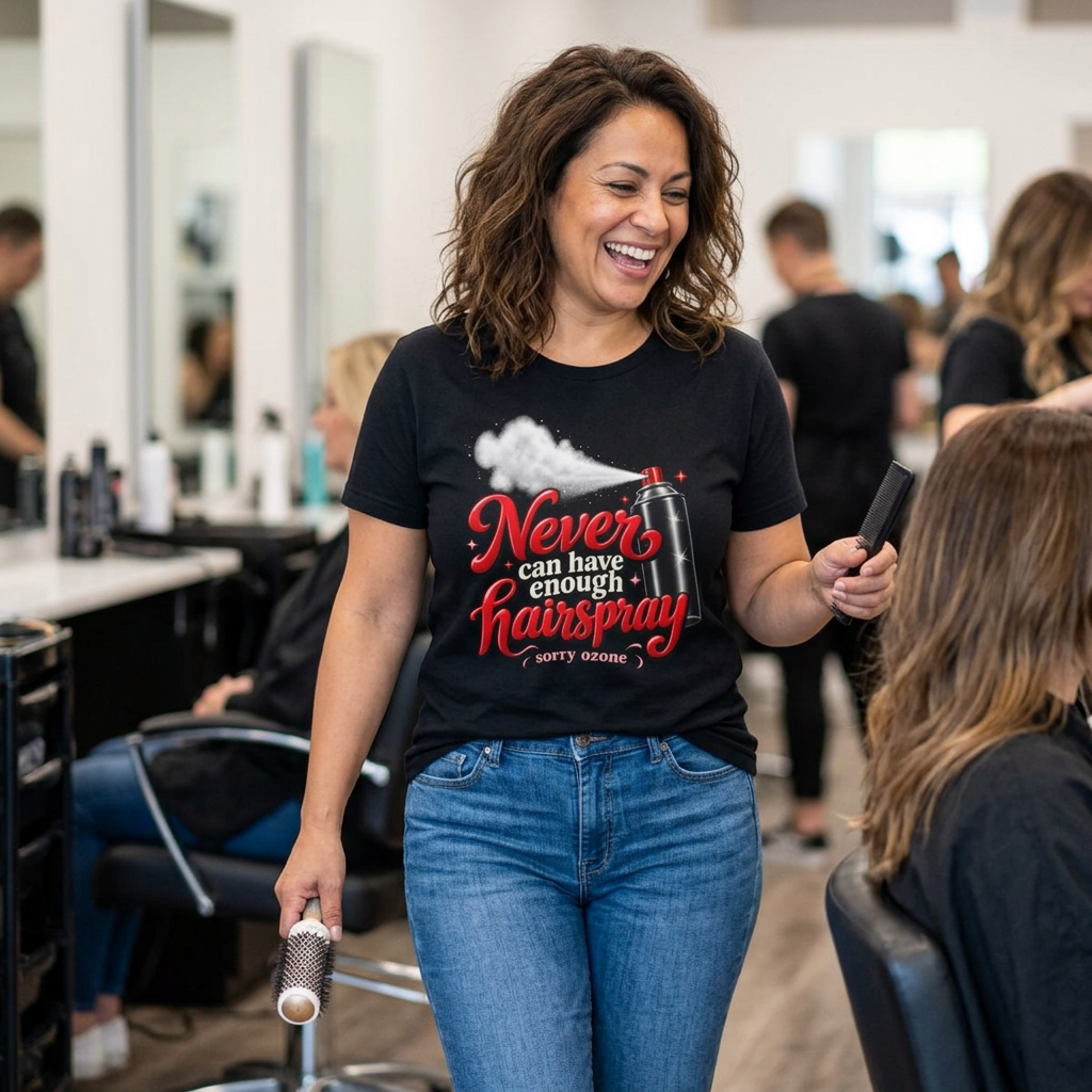 "Never Can Have Enough Hairspray T-Shirt" — Retro Spray Can Hairstylist Tee