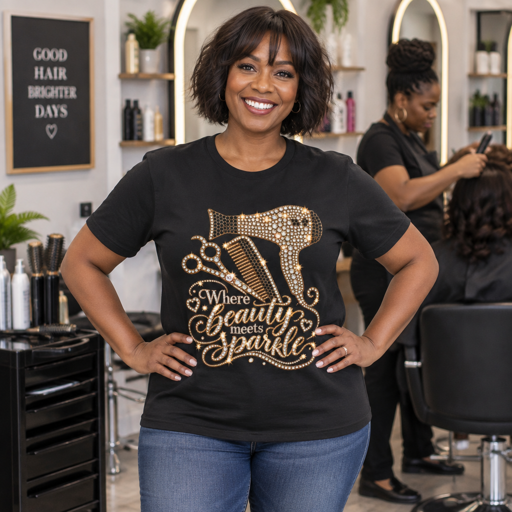 Beauty Stylist T‑Shirt — "Where Beauty Meets Sparkle" Hair Dryer & Scissors Tee