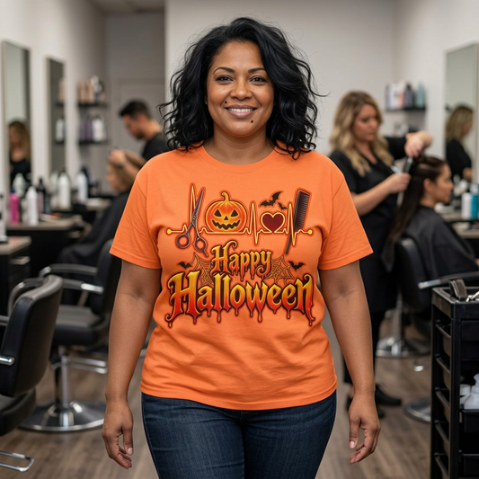 "Happy Halloween"— Pumpkin, Bats & Heartbeat with Salon Hair Tools T-Shirt