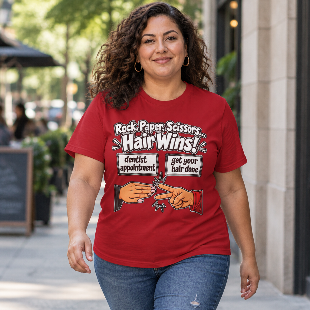 "Hair Wins!" T-Shirt" — Funny Hairstylist Rock, Paper, Scissors T-Shirt