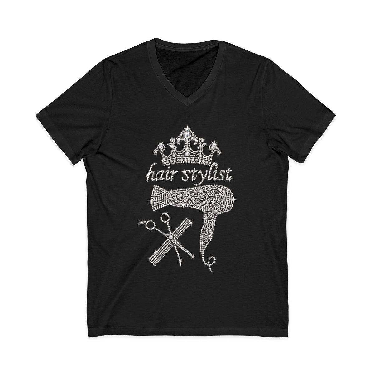 Rhinestone Hair Stylist V-Neck Tee — Crown & Tools Salon T-Shirt