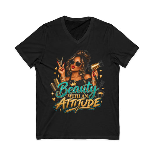 "Beauty With an Attitude" V-Neck Hair Stylist T-Shirt