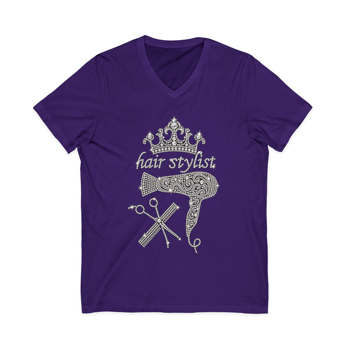 Rhinestone Hair Stylist V-Neck Tee — Crown & Tools Salon T-Shirt