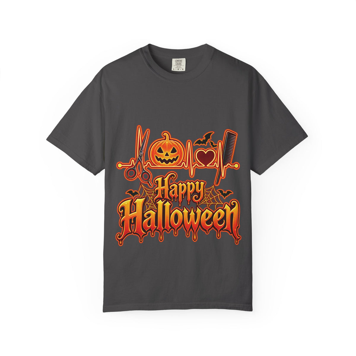 "Happy Halloween"— Pumpkin, Bats & Heartbeat with Salon Hair Tools T-Shirt