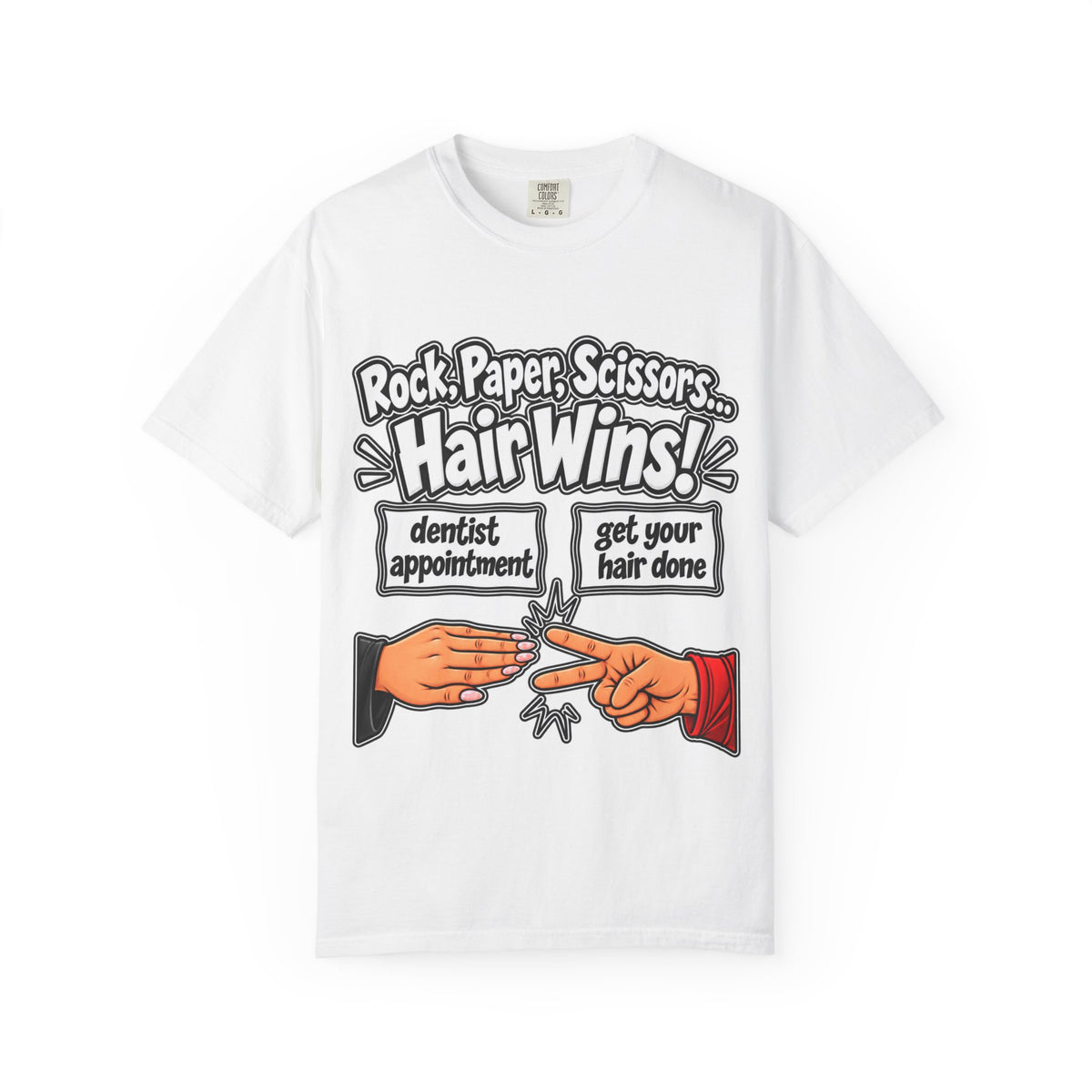 "Hair Wins!" T-Shirt" — Funny Hairstylist Rock, Paper, Scissors T-Shirt