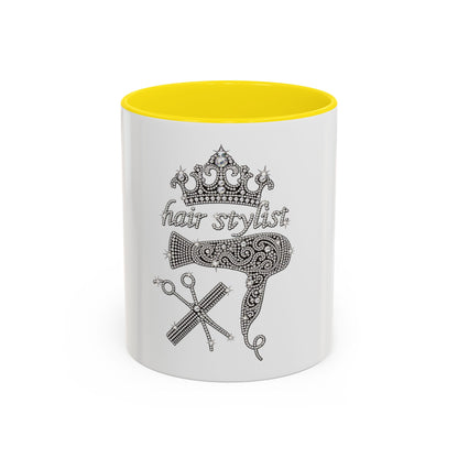 Hair Stylist Coffee/Tea Cup— Crowned Design with Scissors & Dryer (11/15oz Accent Mug)