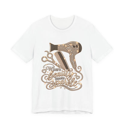 Beauty Stylist T‑Shirt — "Where Beauty Meets Sparkle" Hair Dryer & Scissors Tee
