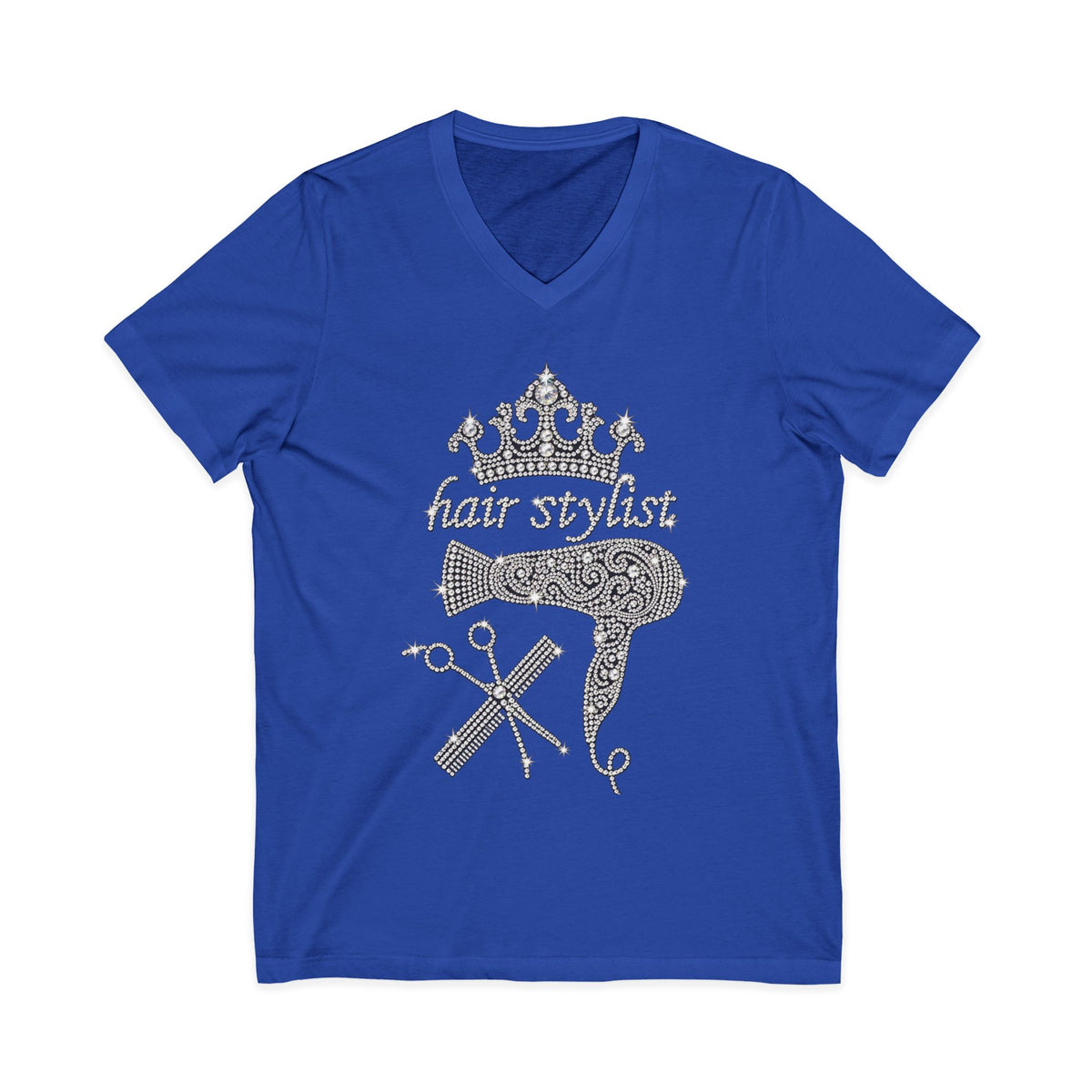 Rhinestone Hair Stylist V-Neck Tee — Crown & Tools Salon T-Shirt