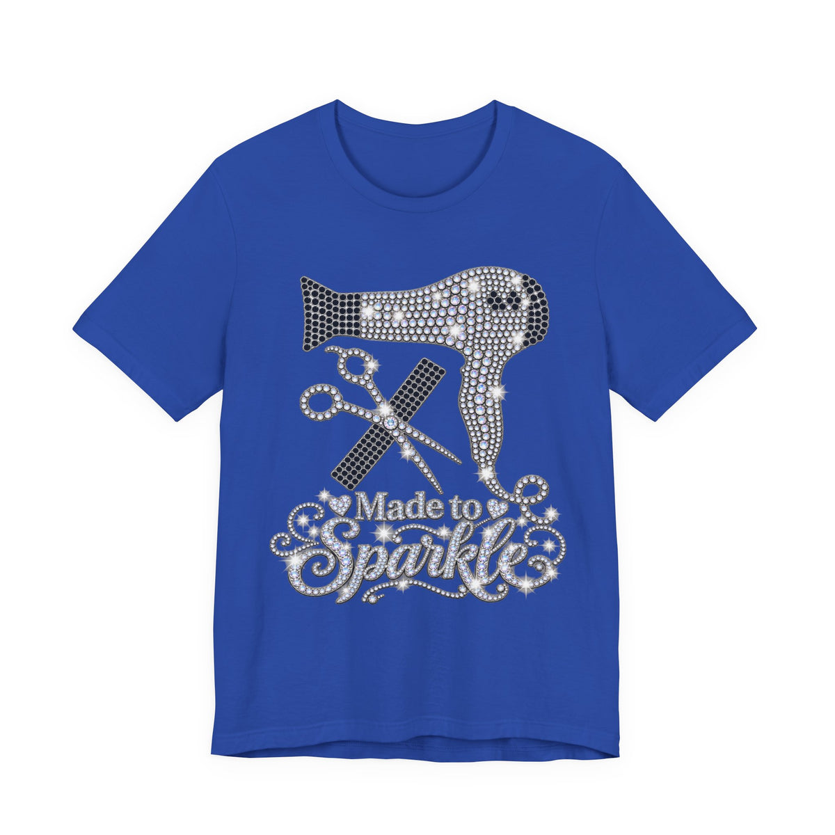 "Made to Sparkle" Hair Stylist T‑Shirt — Rhinestone Blow Dryer & Scissors Graphic