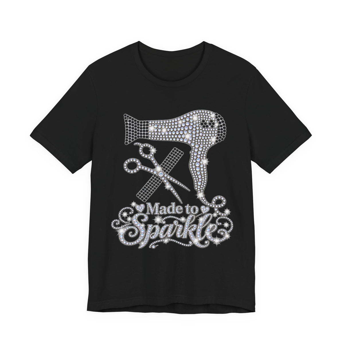 "Made to Sparkle" Hair Stylist T‑Shirt — Rhinestone Blow Dryer & Scissors Graphic