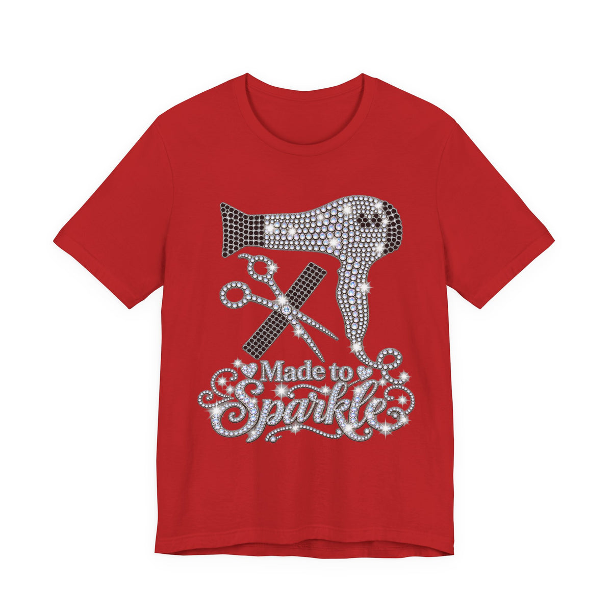 "Made to Sparkle" Hair Stylist T‑Shirt — Rhinestone Blow Dryer & Scissors Graphic