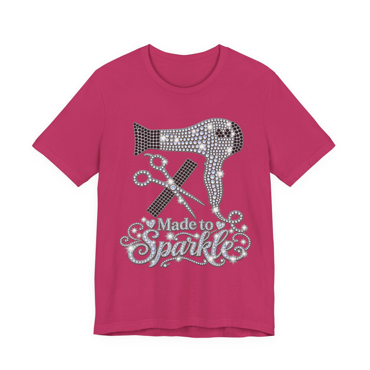 "Made to Sparkle" Hair Stylist T‑Shirt — Rhinestone Blow Dryer & Scissors Graphic